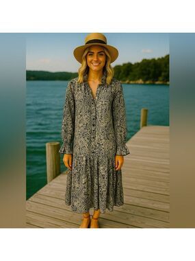 OPT Ruffled Paisley Floral Prairie Midi Dress Medium Women Bohemian Flowy Party